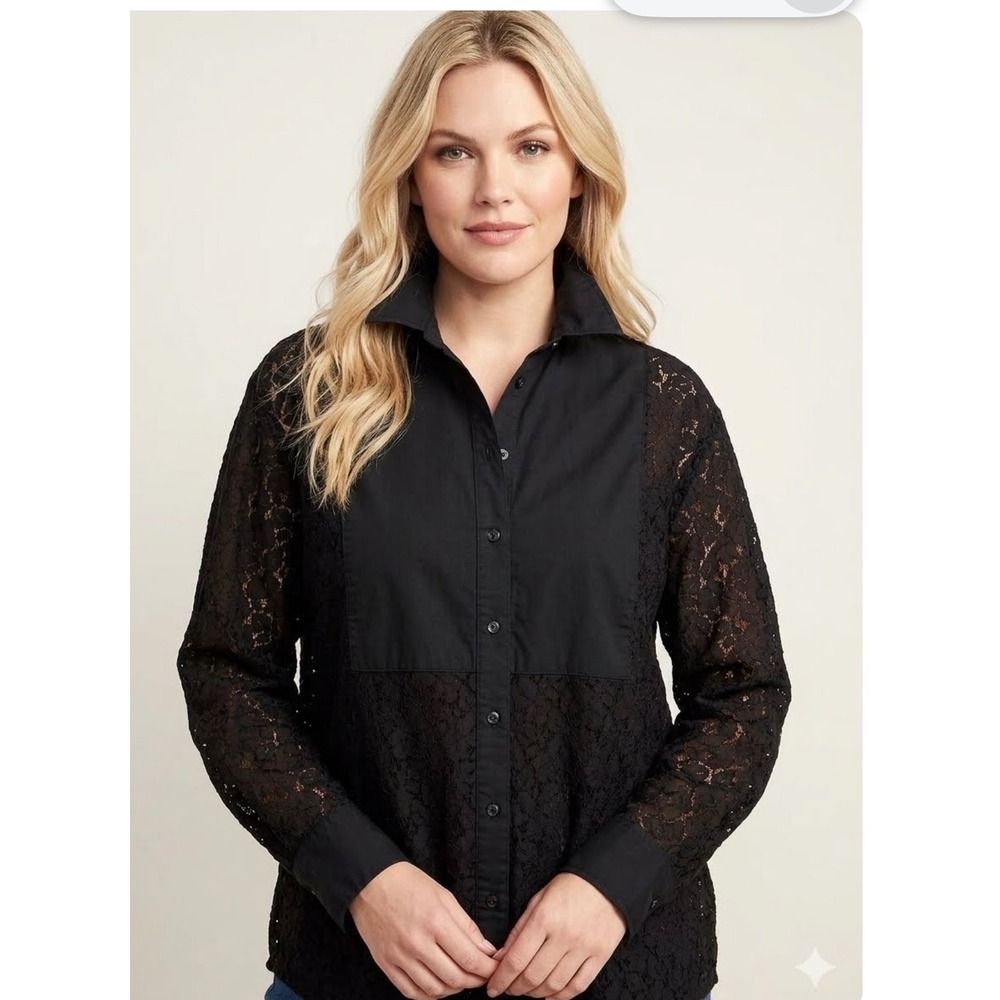 Gap Big Shirt Black Lace Button Down Blouse Long Sleeve Floral XL